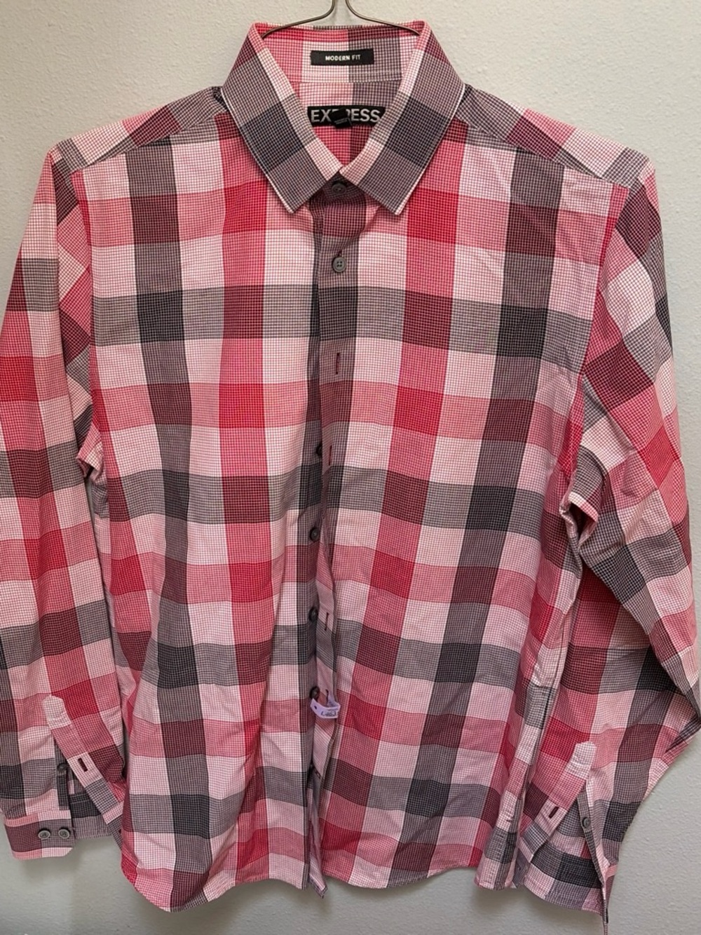 Express Modern Fit Red & Gray Plaid Button-Down Shirt